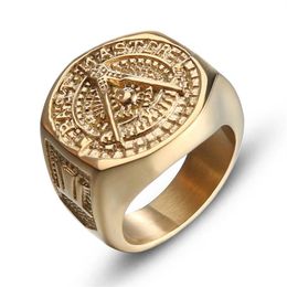 Anéis maçônicos masculinos feitos à mão etéreos, anéis de cor de ouro de aço inoxidável para homens, novo clássico, hip hop, masons311o
