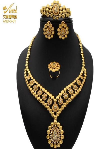 Ensemble de bijoux couleur or 24 carats pour femmes, collier, boucles d'oreilles, Bracelet, bague, éthiopie, dubaï, cadeaux de mariage africains indiens 2204067984121