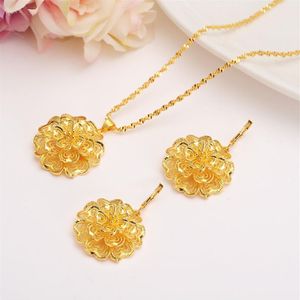 Ensemble de fleurs éthiopiennes en or jaune fin 24 carats rempli de fleurs multichambres, pendentif, chaîne, boucles d'oreilles, mariée africaine, Bijoux de mariage, cadeau 350a