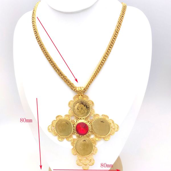 Éthiopien grande pièce de monnaie Croix Pendentif Diamant Sectcut Tennis Gradué 24K OR REMPLI RUBIS CUBAIN DOUBLE CHAÎNE GOURMETTE SOLIDE LOURD COLLIER Bijoux Afrique habesha érythrée