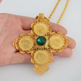 Colliers avec pendentifs éthiopiens en grande croix pour femmes et hommes, bijoux en or jaune 14k, pièce de monnaie africaine, collier Habesha érythréen