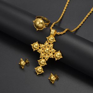 Ethiopisch kruis 14k geel gouden ketting oorbellen ringen Afrikaanse partij sieraden set vrouwen meisjes Eritrese Habesha accessoires