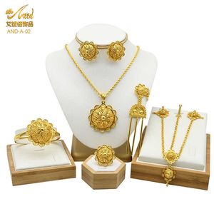 Ensembles de bijoux éthiopiens pour femmes or Dubai collier de mariage nigérian africain Bracelets boucles d'oreilles anneau chapeaux 6 pièces ensemble H1022