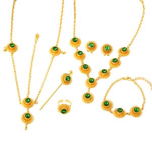 Ensemble éthiopien bijoux collier boucle d'oreille anneau morceau de cheveux chaînes de cheveux Bracelet couleur or mariée africaine érythrée Habesha