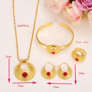 Ensemble éthiopien bijoux pendentif boucles d'oreilles anneau bracelet 18k or massif Fine CZ rouge afrique mariée mariage érythrée fête cadeau