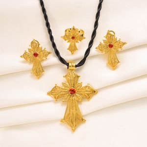 Boucle d'oreille en croix éthiopienne pour fête de mariage, pendentif, chaîne en corde pour femmes et filles, bijoux africains en or fin massif, érythréen