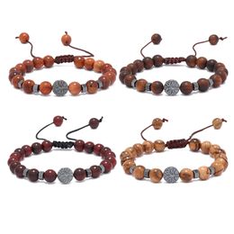 Ethnique 8MM Bracelet de perles en bois naturel coloré hématite arbre de vie charmes Bracelets de corde tressée Bracelets pour hommes Hip Hop
