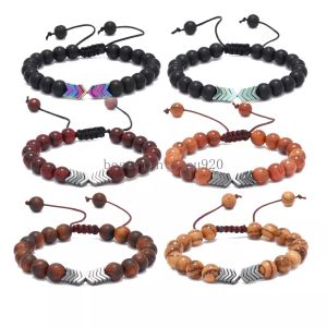 Etnische 8 mm natuurlijke houten kraal streng armband kleurrijke pijl charmes gevlochten touw armbanden armbanden voor mannen hiphop
