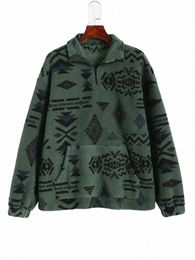 Sudadera étnica azteca Sherpa con cuello mullido y bolsillo delantero X9if#