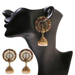 Boucles d'oreilles ethniques grand paon rond indien Antique Jhumka pour femmes, Vintage bohème rétro perle gland cloche tibétaine