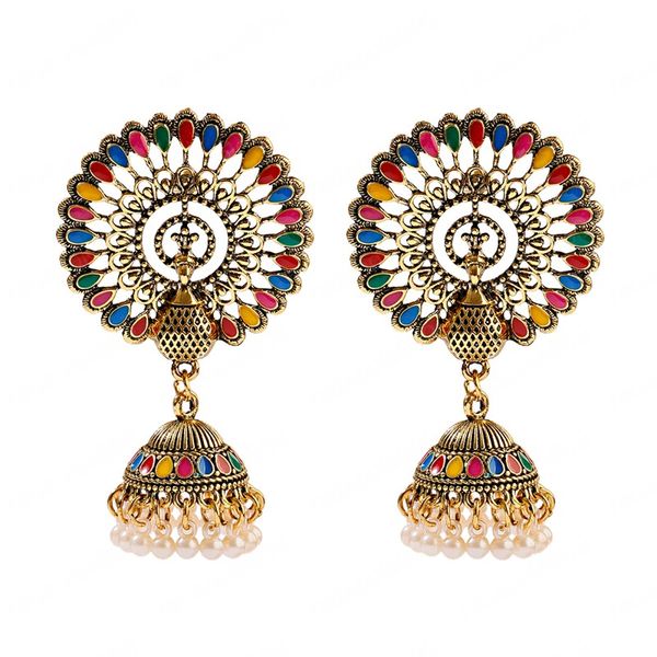 Pendientes colgantes étnicos grandes redondos de pavo real indio antiguo Jhumka para mujer Vintage bohemio Retro perla borla campana pendientes tibetanos