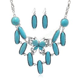 Ensemble de bijoux ethniques pour femmes, pendentif papillon, colliers, boucles d'oreilles, bohème, Vintage, pierre Turquoise, ensemble de bijoux de fête