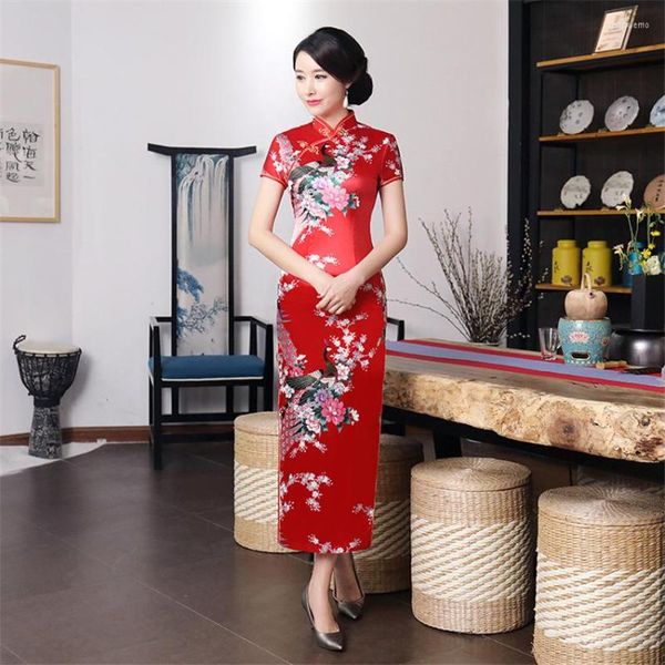 Ropa étnica 11 colores mujer boda china Cheongsam China tradicional elegante flor Pavo Real Split Qipao mujeres bata de seda Bodycon