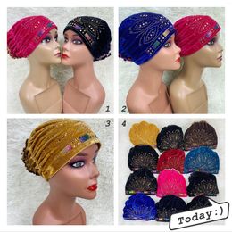 Etnische kleding 12 stks/1 dozijn Afrikaanse tulbandkappen Velvet Stones Vrouwen vrouwen hijab Bonnet Moslimhoed Islamitische hoofdomslag Hoofdkleding Nigeria Wedding Nigeria