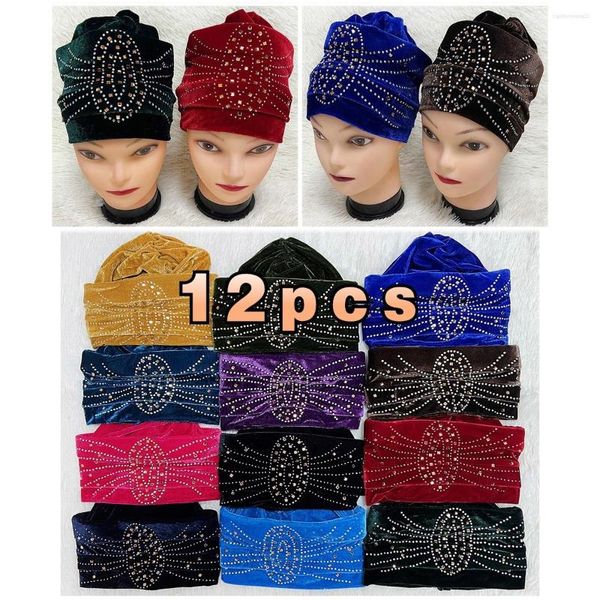 Vêtements ethniques 12 pièces dernière mode femme musulmane Turban chapeau Bonnet or velours strass solide Beanie cheveux Bonnets casquette pour les femmes