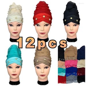 Etnische Kleding 12 stuks Main Stream Mode Fluwelen Vrouwen Moslim Tulband Kleur Katoen Bandana Kralen Gevlochten Headwraps Haaraccessoires