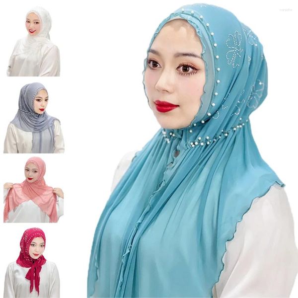 Ropa étnica 150 30 cm Diamantes de gasa Bufanda Color sólido Baotu Sombrero Árabe Con cuentas Elástico Gasa Bufandas Musulmán Hijab Turbante Mantón Wrap