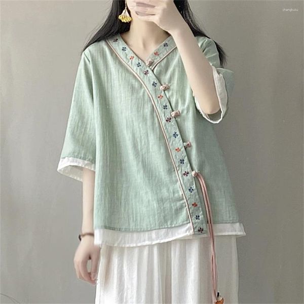 Vêtements ethniques 1pcs style chinois rétro chemise à col en v été coton lin amélioré chemisiers hanfu costume lâche hauts courts femmes fille