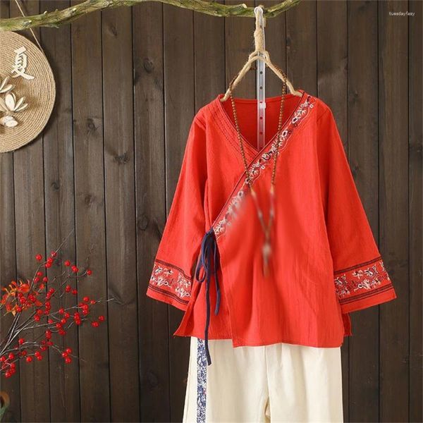 Vêtements ethniques 1pcs chinois traditionnel femmes broderie coton lin lâche hauts à manches longues à lacets printemps été costume chemisier