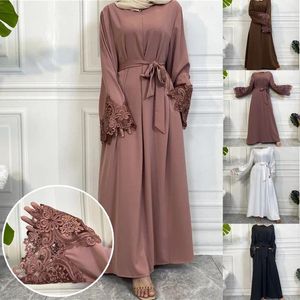 Etnische Kleding 1 Stuks Effen Kleur Bloem Kant Rits Jurk Vrouwen Abaya Jilbab Kaftan Lange Moslim Dubai Abaya Vest Gewaad