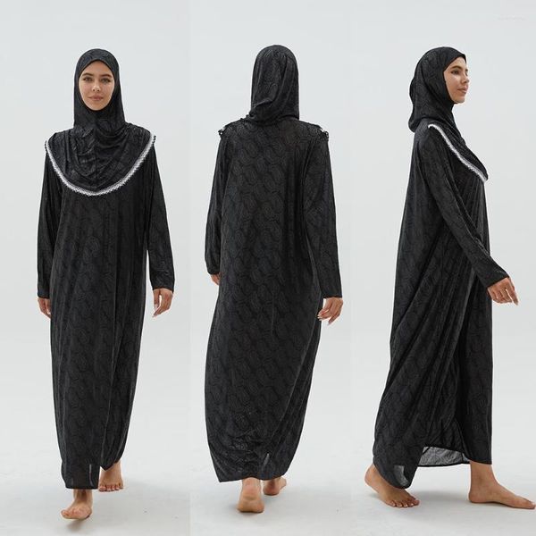 Ropa étnica 1 pieza de encaje en relieve musulmán con capucha Abaya Turbante Mujeres Kaftan Outwear Arabia Saudita Djellaba Vestidos de oración Islam Hijabs / Sombreros