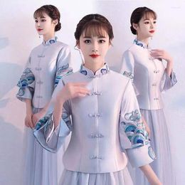 Vêtements ethniques 2 couleurs de style chinois robes de demoiselle d'honneur gris rose cheongsam costume de mariage vintage brodé femmes qipao toast robe