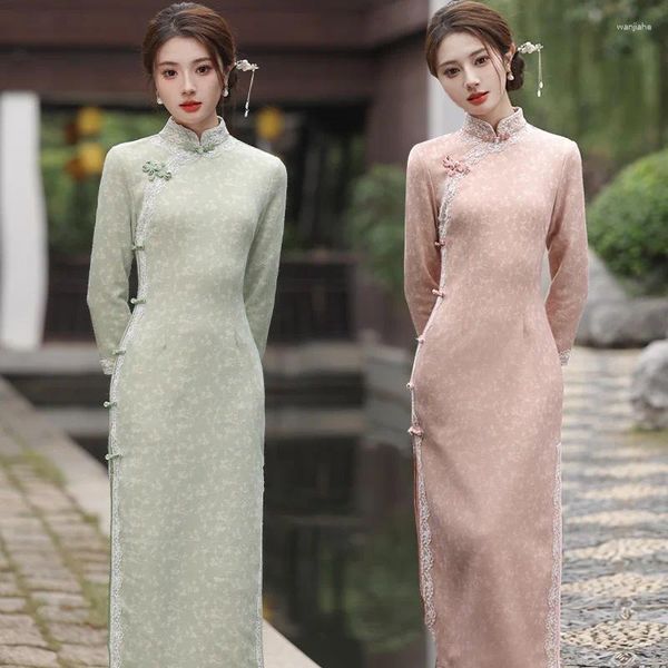 Ropa étnica 2 colores Primavera tradicional chino para mujeres Mejora gruesa Cashmere Lady Green Modern Cheongsam Vestidos de noche
