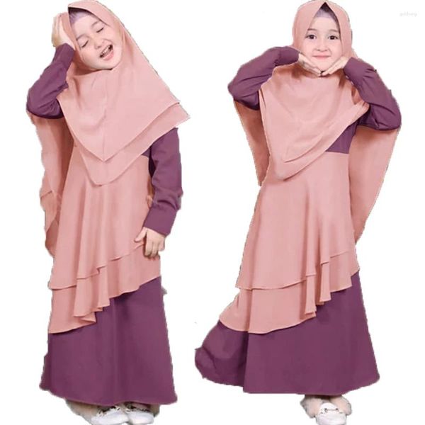 Ropa étnica 2 PCS Musulmanes Niños Niñas Kaftan Abaya Vestido islámico Hijab Bufanda Manga larga Maxi Oración Burka Set Ramadán