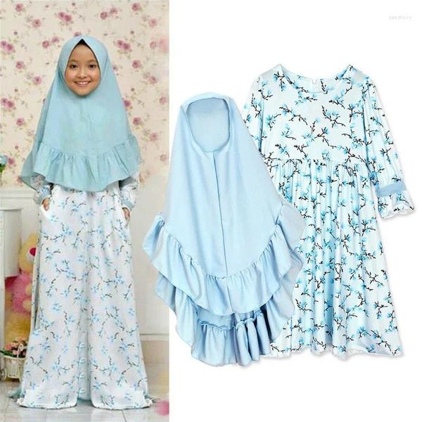 Vêtements ethniques 2 pièces Abaya et hijab pour enfants filles robe de prière florale musulmane foulard enfants islamiques robe de fête de l'Aïd Dubaï Khimar ensemble