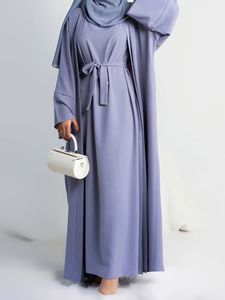 Ethnic Clothing 2 Piece Abaya Slip Sleeveless Hijab Dress Matching Muslim Sets Plain Open Abayas for Women Dubai Turkey African Islamic Clothing 230529
