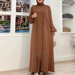 Ropa étnica Abaya de 2 piezas con vestido interior sin mangas a juego Conjunto musulmán liso Abayas abiertas para mujeres Dubai Turquía Islam africano