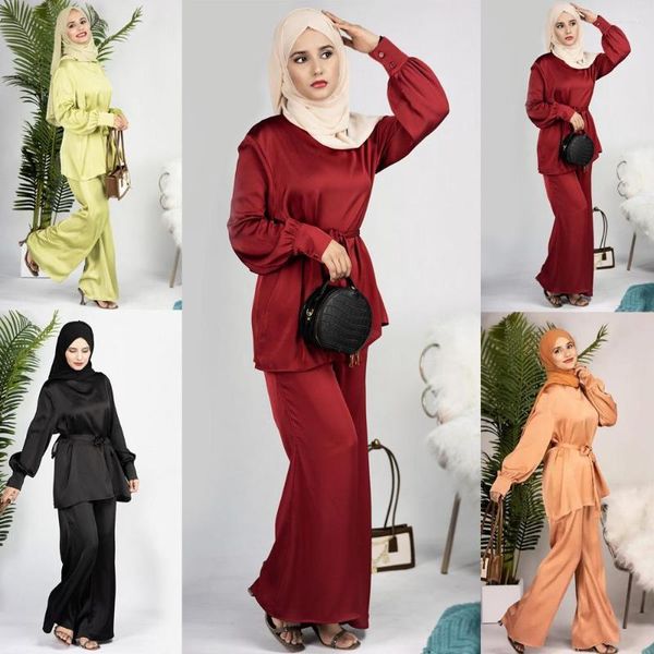 Vêtements ethniques 2 pièces Djellaba Musulman Ensemble Satin Robe Costume À Manches Longues Hauts Pantalon Large Jambe Islamique Femmes Modeste Porter Eid Abaya Blouse
