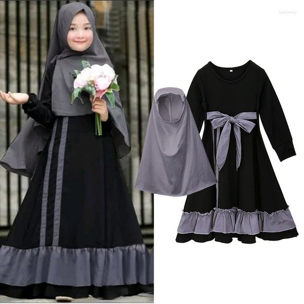 Vêtements ethniques 2 pièces petites filles ensembles musulmans robe Abaya noire pour enfants écharpe Robes ensemble de prière enfants avec ceinture arc lâche Abayas