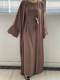 Ropa étnica Conjuntos musulmanes a juego de 2 piezas Vestido Hijab Llanura Eid Abayas para mujeres Dubai Open Abaya Turquía Vestidos interiores Ramadan Islam 230324
