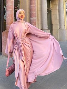 Vêtements ethniques 2 pièces correspondant ensembles musulmans hijab robe eid satin abayas pour femmes dubaï ouvert abaya dinde robes intérieures islam africain 230324