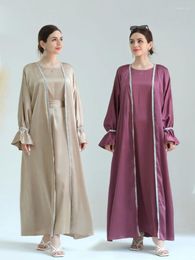 Etnische kleding 2-delige satijnen abaya kimono bijpassende moslimsets flare mouw open abaya's voor vrouwen dubai kalkoen binnenjurk islam bescheiden