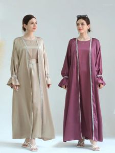 Vêtements ethniques 2 pièces Satin Abaya Kimono correspondant ensembles musulmans manches évasées ouvertes Abayas pour femmes Dubaï Turquie robe intérieure Islam modeste