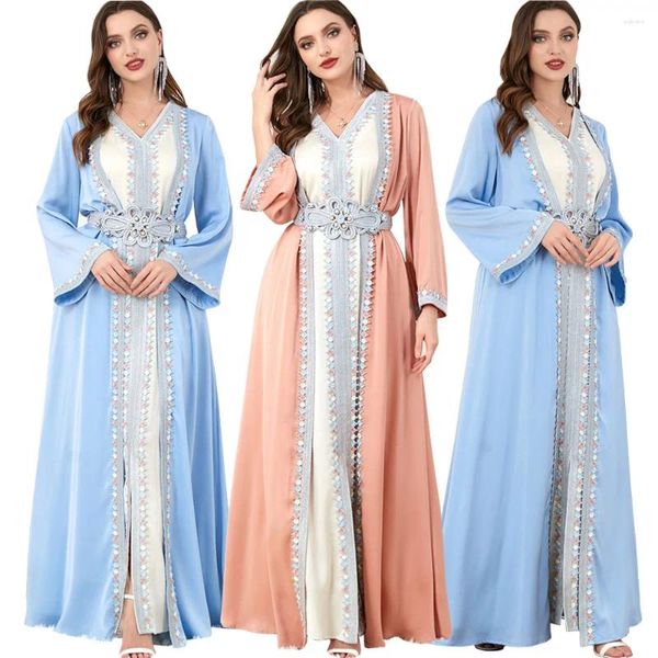 Ropa étnica Conjunto de 2 piezas Mujeres musulmanas Kimono Abierto Abaya Vestido de noche Eid Mubarak Ramadán 2023 Jalabiya Robe Kaftan Dubai Vestido turco