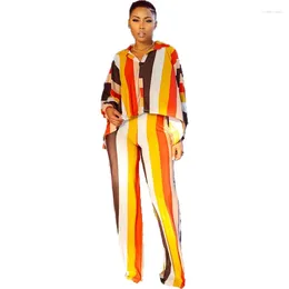 Ropa étnica Conjunto de 2 piezas Estampado de rayas Blusa de manga larga Tops y trajes de pantalón Dashiki Africano Primavera Otoño Mujeres Traje de moda a juego