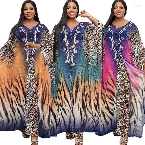 Conjunto de 2 piezas de ropa étnica, ropa africana para mujer, Dashiki de verano 2023, trajes de gasa con estampado de leopardo, Tops largos, pantalones, traje, vestidos Boubou
