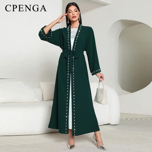 Ropa étnica 2 piezas conjuntos vestido musulmán verde para las mujeres Eid árabe abierto kimono Abaya elegante fiesta Jalabiya Islam Turquía Kaftan marroquí