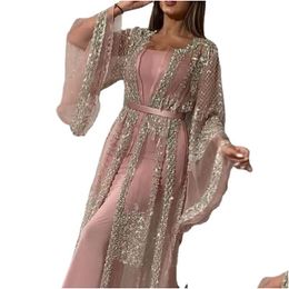 Vêtements ethniques 2021 Black Islamic Luxury Prom Party Robe Dubaï Arabe musulman Ramadan Kimono Abaya Embroderie Lace Sequins 2pcs Drop Dhesw