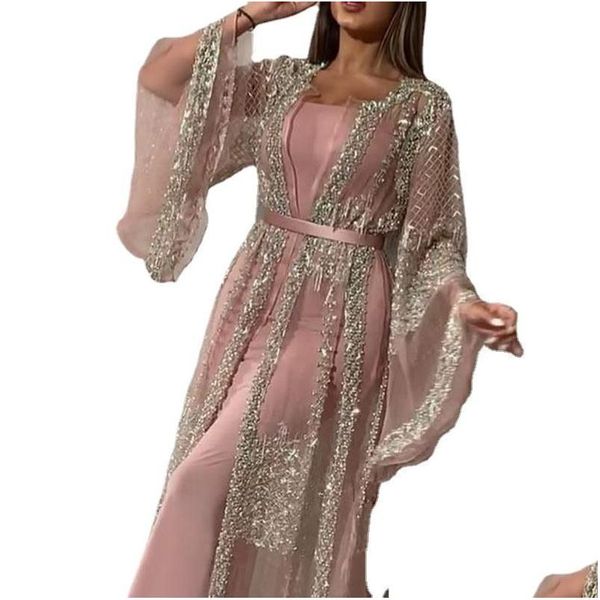 Ropa étnica 2021 Black islamic luxury fiesta de graduación Dubai musulmán árabe ramadán kimono abaya bordado lente lacas 2pcs dhesw dhesw