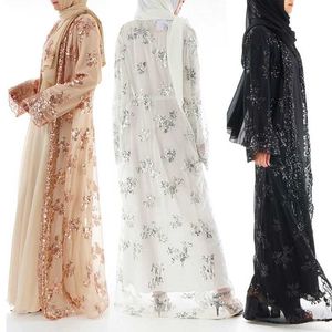 Etnische kleding 2021 Zomer Abaya Dubai Vrouwen lange lovertjes kant mesh kimono vest moslim hijab jurk kaftan abayas turkish islamitische kleding t240510