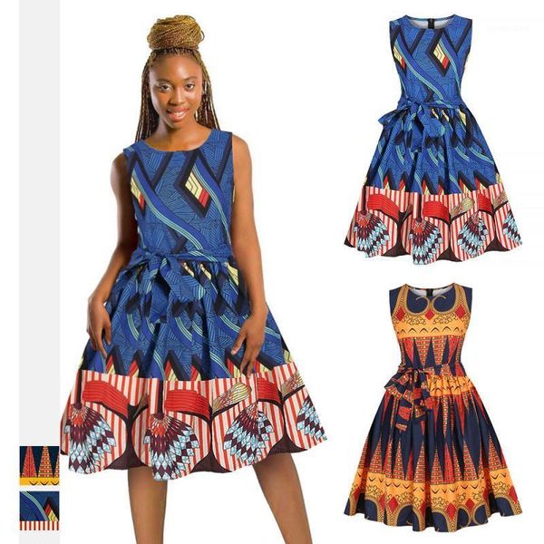 Vêtements ethniques 2022 Robes africaines pour femmes Summer Casual Produit Impression numérique Tempérament Tempérament Sans manches Robe midi avec ceinture