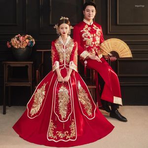 Vêtements ethniques 2022 arrivée paillettes orientales perles broderie Cheongsam rouge Qipao robe de mariée de Style chinois traditionnel