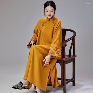 Vêtements ethniques 2022 Automne Vintage Jaune Stand Col Bouton Lâche Big Manches Cheongsam Femmes Chinois Qipao Robes Traditionnelles Ao Dai
