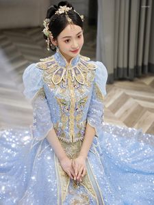 Etnische kleding 2022 Bruid Sparkly Blue Sequins trouwjurk Chinese stijl vintage mandarijn kraag cheongsam toast