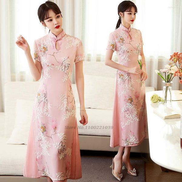 Ethnic Clothing 2022 Chinese Chiffon Qipao Aodai Vietnam Cheongsam Dress National Flower Embroidery Lace Elegant Party