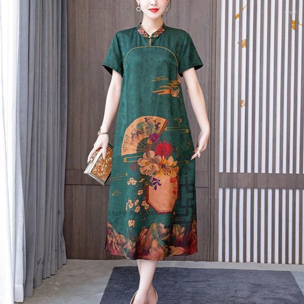 Ropa étnica 2022 vestido chino tradicional satén Qipao estampado de flores mujeres Cheongsam Oriental